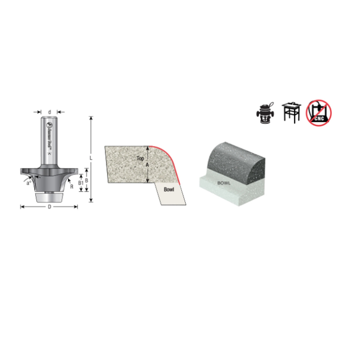 Carbide Tipped Undermount Bowl Solid Surface 2-1/8 Dia x 1 Inch x 17 Deg x 1/2 Shank
