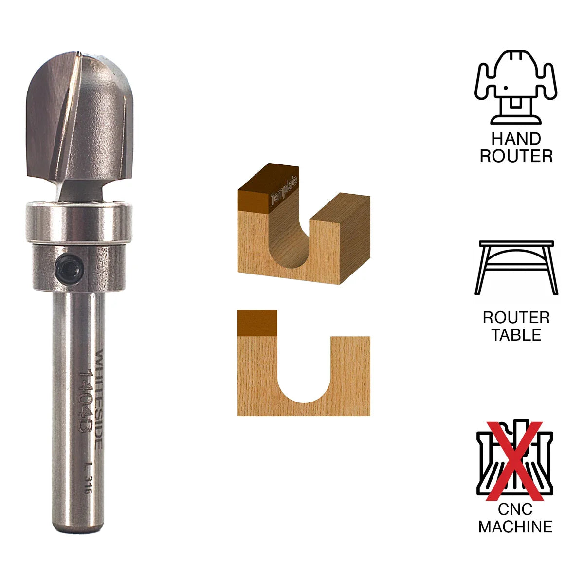 Whiteside WH1404B Round Nose Bit w/ Bearing 1/4" SH, 1/2"CD, 5/8"CL,1/4"R