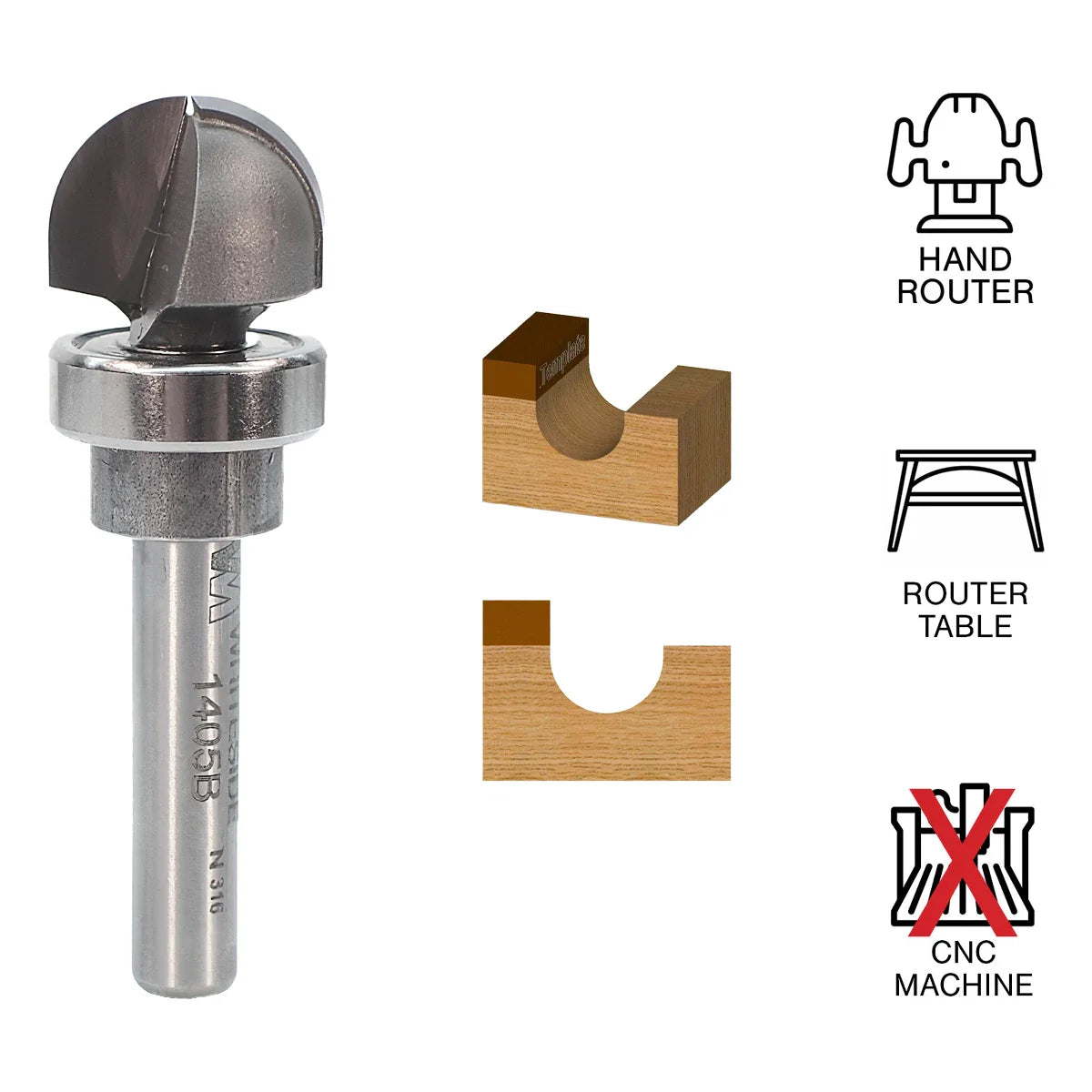 Whiteside WH1405B Round Nose Bit w/ Bearing 1/4"SH, 5/8"CD, 3/8"CL, 5/16"R