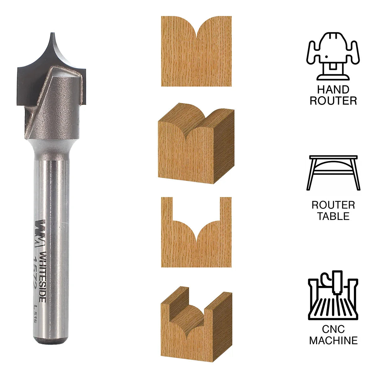 Whiteside WH1572 Point Cutting Roundover Bit 1/4" SH, 1/2"CD, 1/2"CL 1/4"R