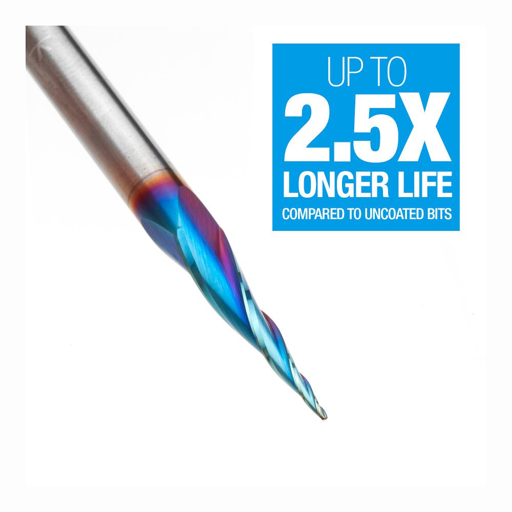 Amana Tool CNC 2D and 3D Carving 6.2 Deg Tapered Angle Ball Tip x 1/32 Diameter x 1/64 Radius x 1 x 1/4 Shank x 3 Inch Long x 3 Flute Solid Carbide Up-Cut Spiral Spektra™ Extreme Tool Life Coated Router Bit