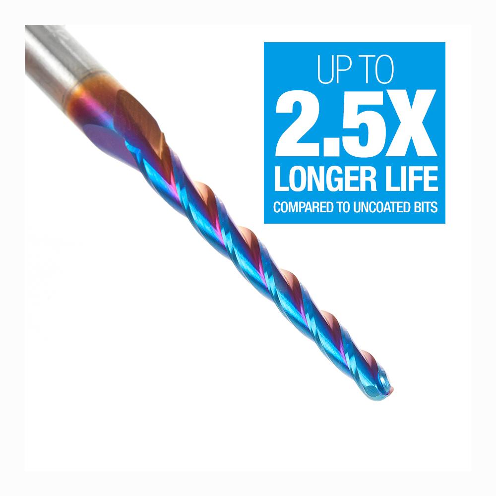 Amana Tool CNC 2D and 3D Carving 1 Deg Tapered Angle Ball Tip x 1/8 Diameter x 1/16 Radius x 1-1/2 x 1/4 Shank x 3 Inch Long x 3 Flute Solid Carbide Up-Cut Spiral Spektra™ Extreme Tool Life Coated Router Bit