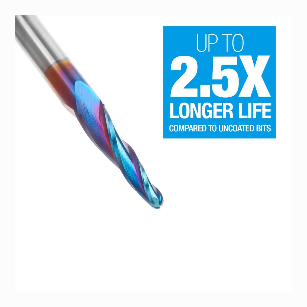Amana Tool CNC 2D and 3D Carving 3.6 Deg Tapered Angle Ball Tip 1/8 Diameter x 1/16 Radius x 1 x 1/4 Shank x 3 Inch Long x 3 Flute Solid Carbide Up-Cut Spiral Spektra™ Extreme Tool Life Coated Router Bit
