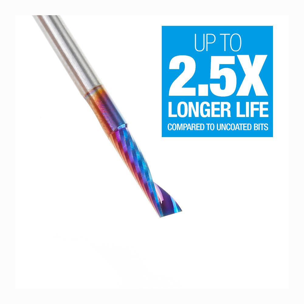 Amana Tool Solid Carbide CNC Spektra™ Extreme Tool Life Coated Spiral 'O' Flute, Plastic Cutting 1/8 Diameter x 1/2 x 1/8 Shank Up-Cut Design Router Bit