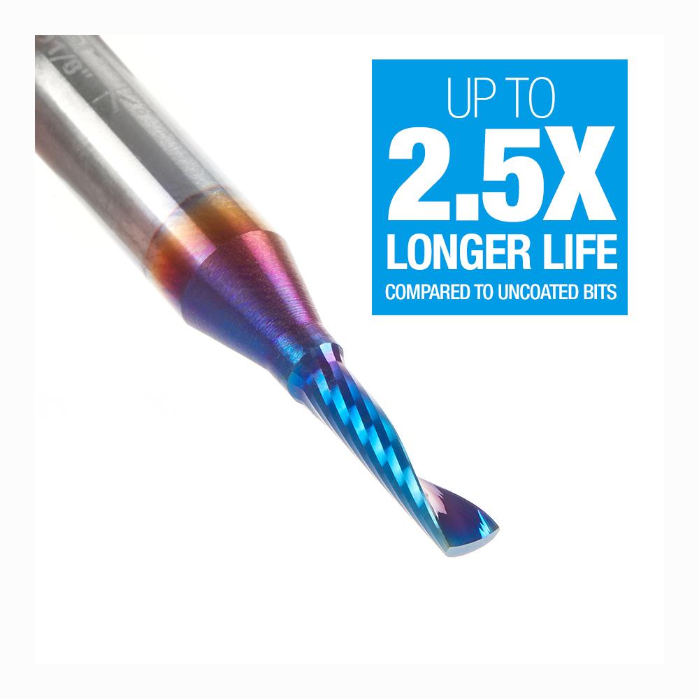 Amana Tool Solid Carbide CNC Spektra™ Extreme Tool Life Coated Spiral 'O' Flute, Plastic Cutting 1/8 Diameter x 1/2 x 1/4 Shank Up-Cut Design Router Bit