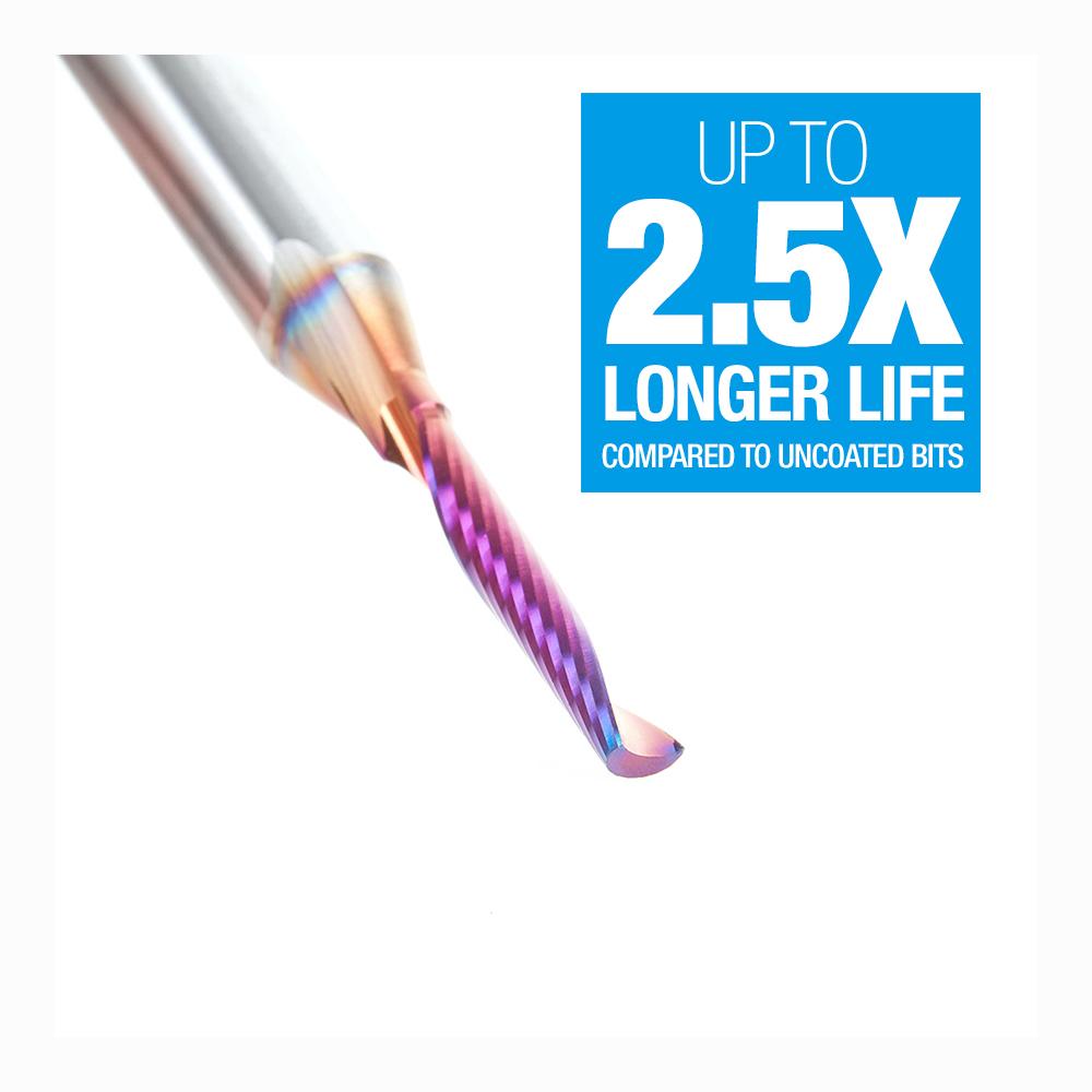 Amana Tool Solid Carbide CNC Spektra™ Extreme Tool Life Coated Spiral 'O' Single Flute, Plastic Cutting 1/8 Diameter x 3/4 x 1/4 Shank x 2-1/2 Inch Long Up-Cut Router Bit