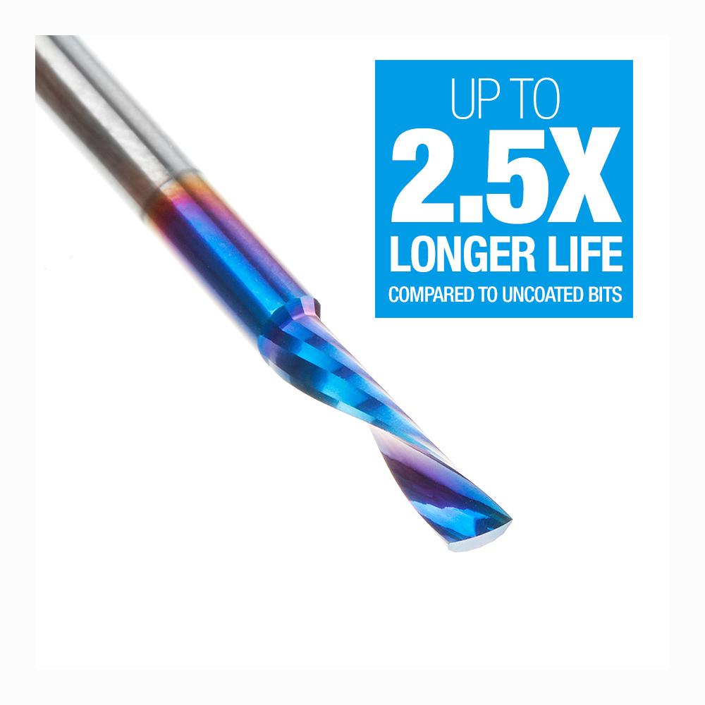 Amana Tool Solid Carbide CNC Spektra™ Extreme Tool Life Coated Spiral 'O' Flute, Plastic Cutting 1/8 Diameter x 1/2 x 1/8 Shank Down-Cut Design Router Bit