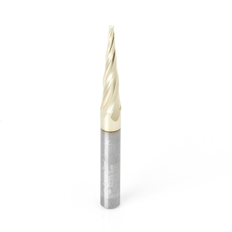 Amana Tool CNC 2D and 3D Carving 5.4 Deg Tapered Angle Ball Tip 1/16 Diameter x 1/32 Radius x 1 x 1/4 Shank x 3 Inch Long x 4 Flute Solid Carbide Up-Cut Spiral ZrN Coated Router Bit