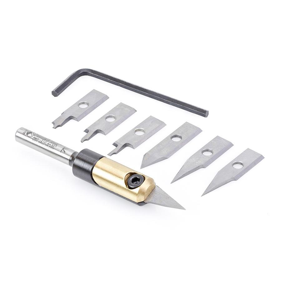 Amana Tool 8-Piece In-Groove Insert Engraving Tool Body & Knives 1/4 Inch Shank Set