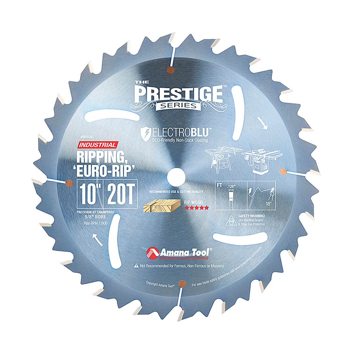 Amana Tool RB1020C Electro-Blu™ Carbide Tipped Prestige™ Euro Rip Blade 10" Diameter 20 Tooth 5/8" Bore