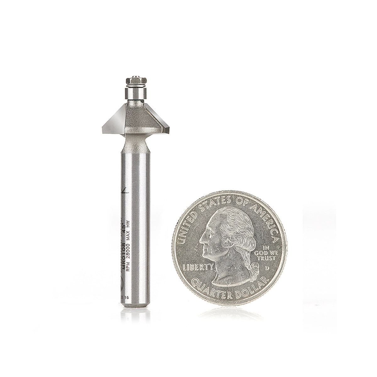 Carbide Tipped Miniature Chamfer 45 Degree x 9/16 Dia x 1/4 x 1/4 Inch Shank with Mini 3/16 Dia Lower Ball Bearing