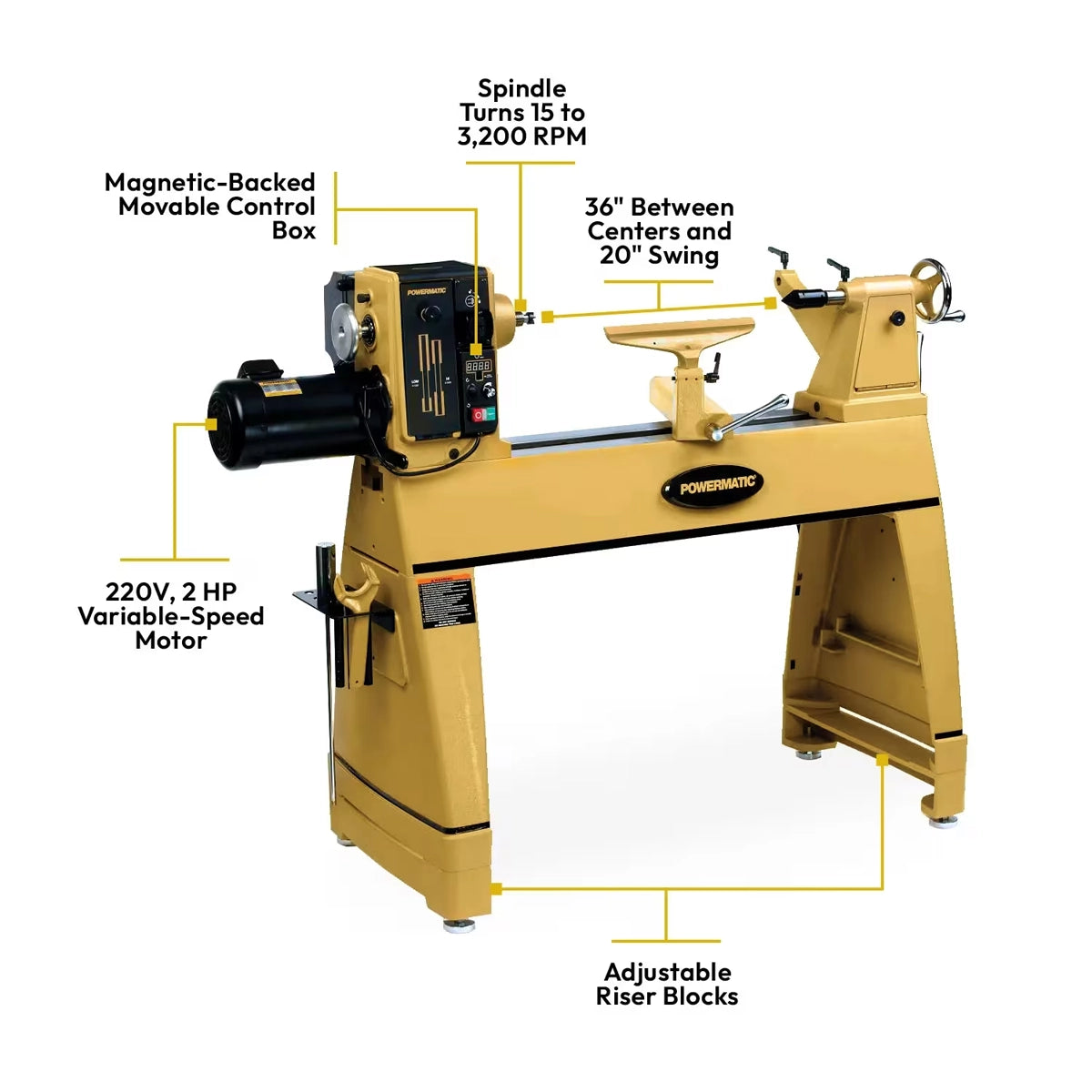 35" x 20" Woodworking Lathe, 2 HP, 220V 1Ph (3520C)