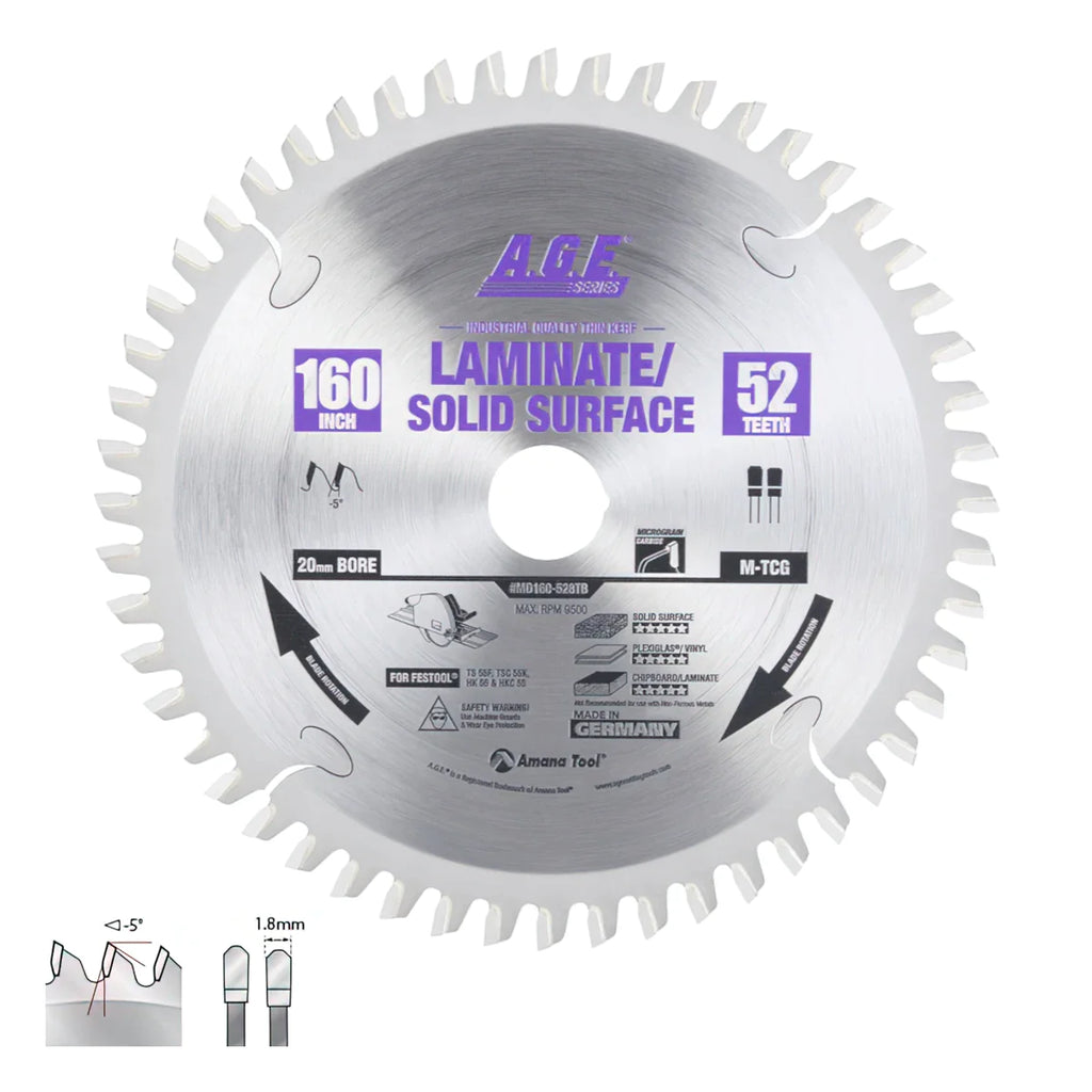 Amana Tool MD160-528TB A.G.E Series 160mm 52 Tooth Carbide Tipped Saw Thin Kerf Blade for Festool® and Other Track Saws