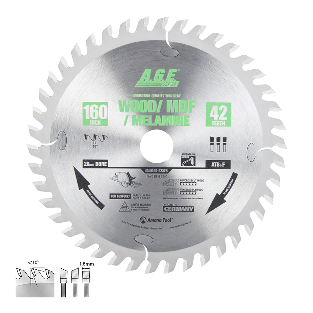 Amana Tool MD160-423TB A.G.E Series  160mm 42 Tooth Carbide Tipped Saw Thin Kerf Blade for Festool® and Other Track Saws