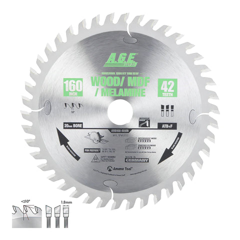 Amana Tool MD160-423TB A.G.E Series  160mm 42 Tooth Carbide Tipped Saw Thin Kerf Blade for Festool® and Other Track Saws