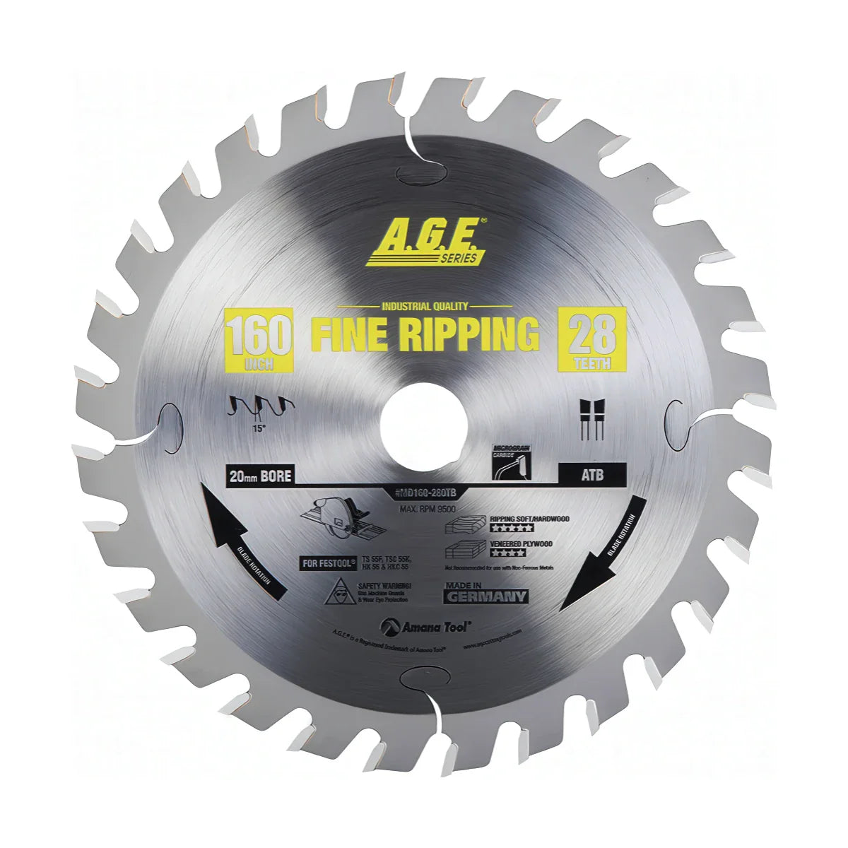 Amana Tool MD160-280TB A.G.E. Series Carbide Tipped Thin Kerf Saw Blade 160mm Diameter x 28T ATB, 15 Degree, 20mm Bore