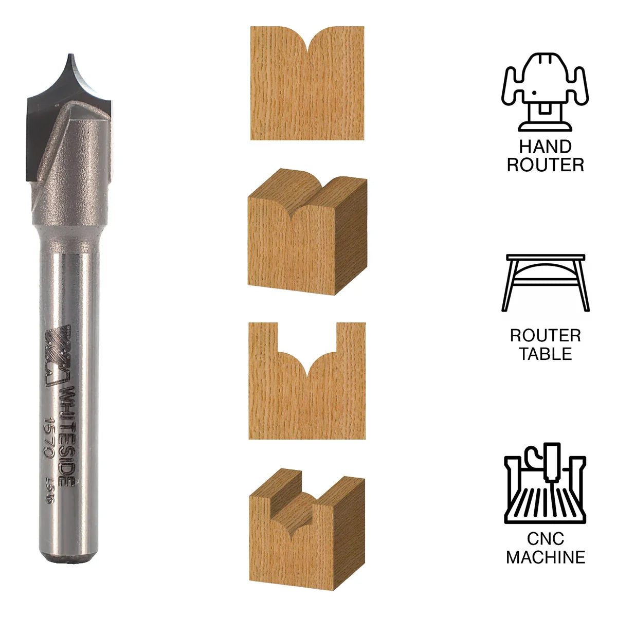 Whiteside WH1570 Point Cutting Roundover Bit 1/4" SH, 3/8"CD, 3/8"CL 3/16"R