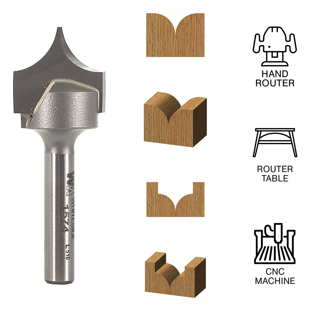 Whiteside WH1574 Point Cutting Roundover Bit 1/4"SH, 3/4"CD, 5/8"CL, 3/8"R