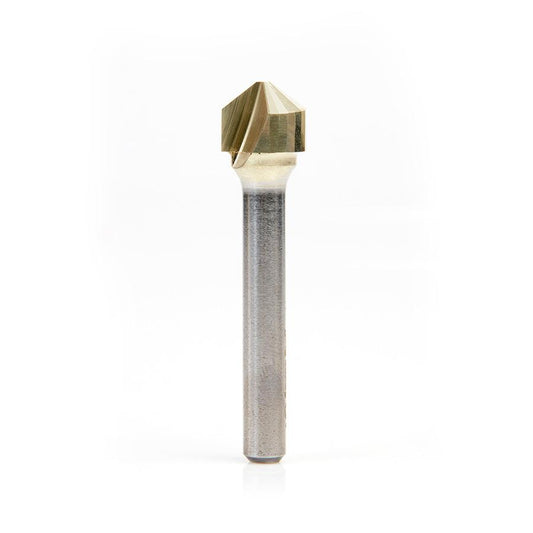 Amana Tool Carbide V-Groove 108 Deg. Folding for Composite Material Panels Like TCM, CCM, ACM, 0.090 Inch Tip Width x 3/8 x 1/2 Diameter x 1/4 Inch Shank ZrN Coated Router Bit 