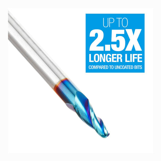 Amana Tool CNC 2D and 3D Carving 7 Deg Tapered Angle Ball Tip x 1/8 Diameter x 1/16 Radius x 1/2 x 1/4 Shank x 3 Inch Long x 3 Flute Solid Carbide Up-Cut Spiral Spektra™ Extreme Tool Life Coated Router Bit 