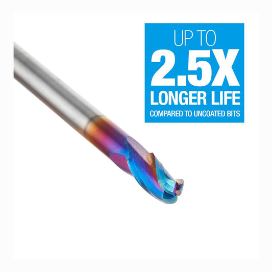 Amana Tool Extra Long CNC 2D and 3D Carving Ball Nose 0.10 Deg Straight Angle x 1/4 Diameter x 1/8 Radius x 1/2 x 1/4 Shank x 3 Flute Spektra™ Extreme Tool Life Coated Reduced Shank Router Bit 