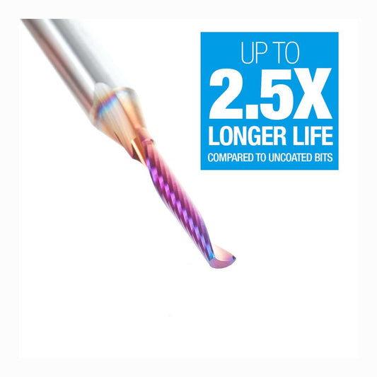 Amana Tool Solid Carbide CNC Spektra™ Extreme Tool Life Coated Spiral 'O' Single Flute, Plastic Cutting 1/8 Diameter x 3/4 x 1/4 Shank x 2-1/2 Inch Long Up-Cut Router Bit 