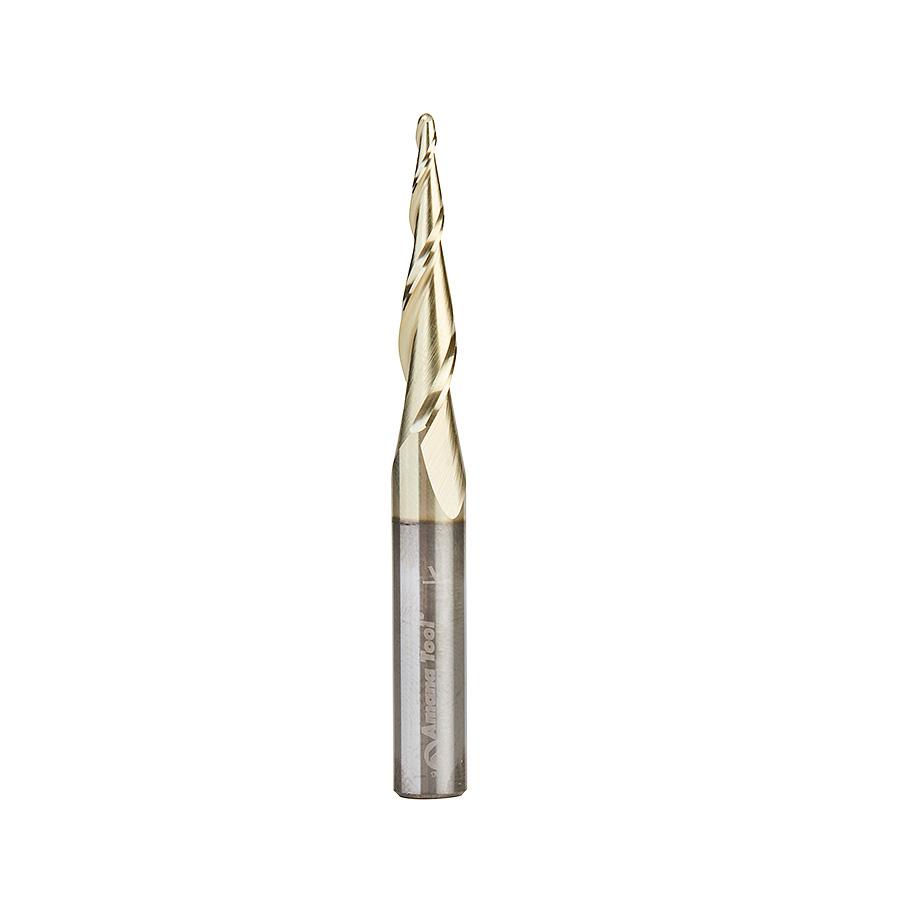 Amana Tool CNC 2D and 3D Carving 5.5 Deg Tapered Angle Ball Tip x 1/16 Diameter x 1/32 Radius x 1 x 1/4 Shank x 2-1/4 Inch Long x 2 Flute Solid Carbide Up-Cut Spiral ZrN Coated Router Bit 