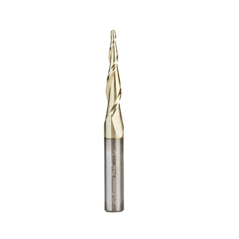 Amana Tool CNC 2D and 3D Carving 5.5 Deg Tapered Angle Ball Tip x 1/16 Diameter x 1/32 Radius x 1 x 1/4 Shank x 2-1/4 Inch Long x 2 Flute Solid Carbide Up-Cut Spiral ZrN Coated Router Bit 