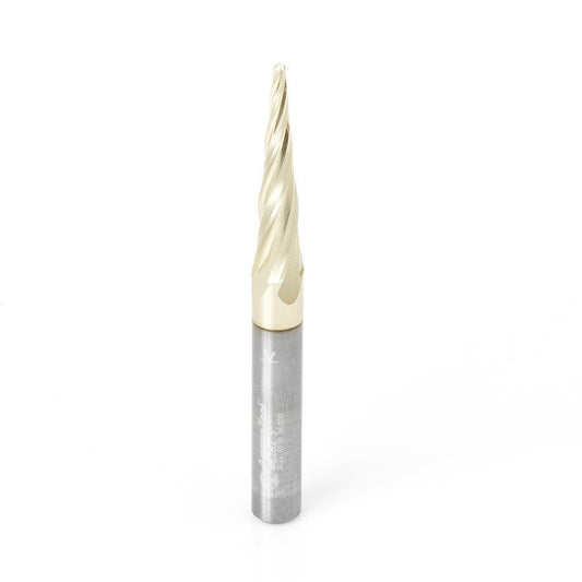 Amana Tool CNC 2D and 3D Carving 5.4 Deg Tapered Angle Ball Tip 1/16 Diameter x 1/32 Radius x 1 x 1/4 Shank x 3 Inch Long x 4 Flute Solid Carbide Up-Cut Spiral ZrN Coated Router Bit 