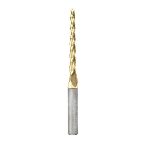 Amana Tool CNC 2D and 3D Carving 1 Deg Tapered Angle Ball Tip 1/8 Diameter x 1/16 Radius x 1-1/2 x 1/4 Shank x 3 Inch Long x 3 Flute Solid Carbide Up-Cut Spiral ZrN Coated Router Bit 