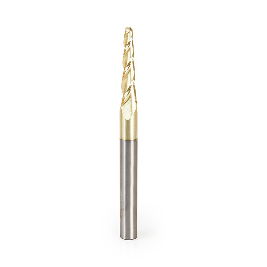 Amana Tool CNC 2D and 3D Carving 3.6 Deg Tapered Angle Ball Tip 1/8 Diameter x 1/16 Radius x 1 x 1/4 Shank x 3 Inch Long x 3 Flute Solid Carbide Up-Cut Spiral ZrN Coated Router Bit 