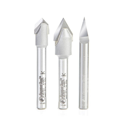 Amana Tool 3-Pc "Zeo-Point" Solid Carbide and Carbide Tipped 30, 60 & 90 Degree V-Groove Router Bit Set, 1/4 Inch Shank 