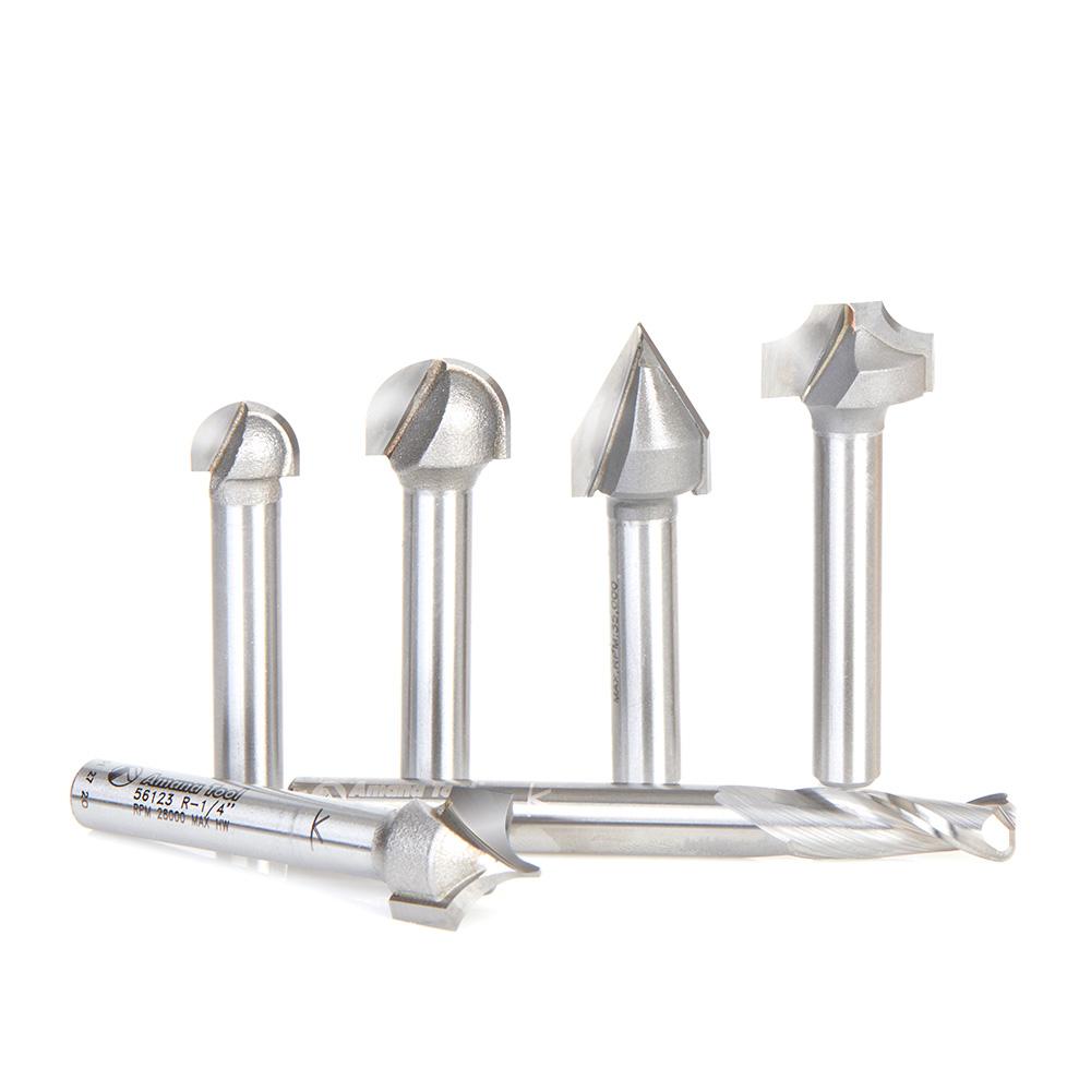 Amana Tool 6-Pc CNC Lettering Router Bit Set, 1/4 Inch Shank 