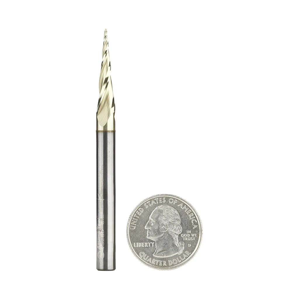 Amana Tool 46280 CNC 2D and 3D Carving 6.2 Deg Tapered Angle Ball Tip x 1/32 Dia x 1/64 Radius x 1 x 1/4 Shank x 3 Inch Long x 3 Flute Solid Carbide Up-Cut Spiral ZrN Coated Router Bit