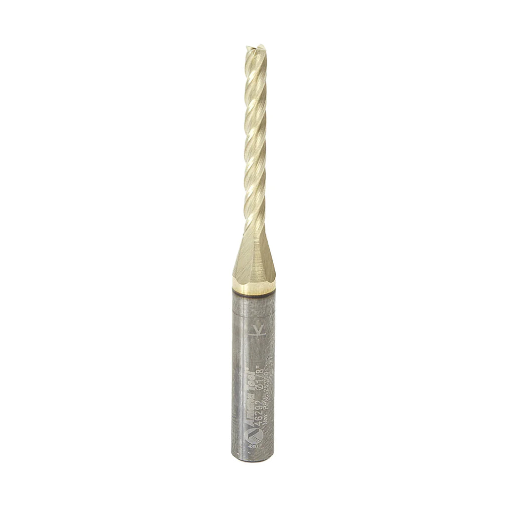 Amana Tool 46292 CNC 2D and 3D Carving Flat Bottom 0.10 Deg Angle x 1/8 Dia x 1-3/32 x 1/4 Shank x 2-1/2 Inch Long x 4 Flute Solid Carbide ZrN Coated Router Bit