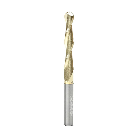 Amana Tool 46294 CNC 2D and 3D Carving 0.10 Deg Straight Angle Ball Tip 1/4 Dia x 1/8 Radius x 1-1/2 x 1/4 Shank x 3 Inch Long x 2 Flute Solid Carbide ZrN Coated Router Bit