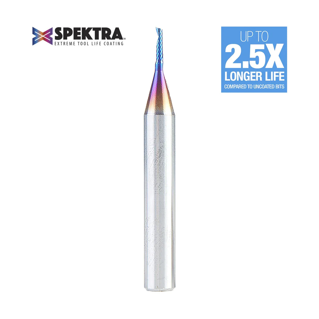 Amana Tool 51441-K Solid Carbide CNC Spektra™ Extreme Tool Life Coated Spiral 'O' Single Flute, Plastic Cutting 1/16 Dia x 1/4 x 1/4 Shank x 2 Inch Long Up-Cut Router Bit
